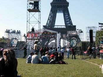 Stage for live musical show in front of Eiffel Tower.