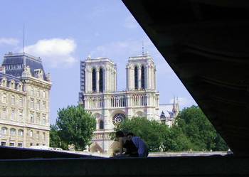 View of Notre Dame from lower walkway on left bank.